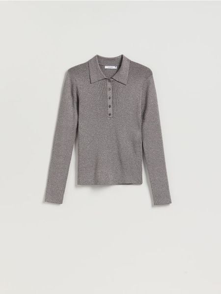 Bluzka z kołnierzykiem - ciemnoszary. Szare bluzki Reserved, l, bez wzorów, z dzianiny, bez kołnierzyka, bez ramiączek. Za 119.99 zł.