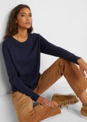 Sweter dzianinowy z okrągłym dekoltem. Czarne swetry bonprix, bez wzorów, z dzianiny, bez ramiączek. Za 59.99 zł.