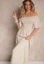 Jasnobeżowa Rozkloszowana Sukienka Hiszpanka z Bawełny z Elastyczną Górą Maissa. Brązowe sukienki Renee, na co dzień, l, bez wzorów, z bawełny, eleganckie, bez kołnierzyka, bez ramiączek, midi, rozkloszowane. W wyprzedaży za 43.99 zł.