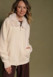 Beżowy Kardigan z Wełną z Futrzanym Kołnierzem Zapinany na Suwak Sistte. Brązowe swetry Born2be, s, bez wzorów, z futra, bez ramiączek. Za 119.99 zł.