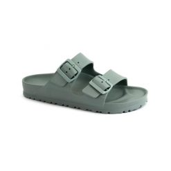 Klapki damskie Birkenstock Arizona Eva Pure Sage. Zielone klapki Birkenstock, bez wzorów, z materiału, bez obcasa, bez zapięcia. Za 358.00 zł.