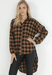 Brązowa Koszula Oversize w Kratę Thalestris. Brązowe koszule Born2be, bez wzorów, bez kołnierzyka, bez ramiączek. W wyprzedaży za 103.99 zł.