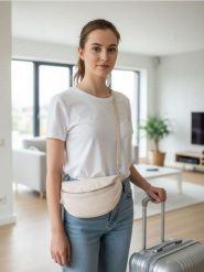 Saszetka nerka na regulowanym pasku z imitacji skóry - kremowy. Białe nerki i saszetki Sinsay, bez wzorów, ze skóry, sportowe, bez dodatków. Za 29.99 zł.