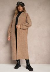Ciemnobeżowy Długi Kardigan Bez Zapięć z Kieszeniami i Ściągaczami przy Mankietach Jackidra. Brązowe swetry Renee, uniwersalny, bez wzorów, eleganckie, bez ramiączek. W wyprzedaży za 143.99 zł.