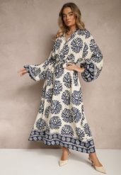 Niebieska Sukienka Oversize z Wiskozy z Paskiem Zdobiona Etnicznym Printem Velsekia. Niebieskie sukienki Renee, na co dzień, m, z aplikacjami, z materiału, eleganckie, bez kołnierzyka, bez ramiączek, maxi, oversize. W wyprzedaży za 97.99 zł.