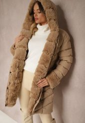 Ciemnobeżowa Kurtka z Pikowanymi Przeszyciami Mocno Ocieplana z Paskiem i Odpinanym Futerkiem Hedista. Brązowe kurtki Renee, l, bez wzorów, z futra, eleganckie, bez kaptura. Za 139.99 zł.