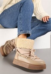 Ciemnobeżowe Śniegowce Futerkowe na Platformie ze Sznurowaną Cholewką Izalithia. Brązowe śniegowce Renee, bez wzorów, z futra, bez zapięcia. Za 79.99 zł.