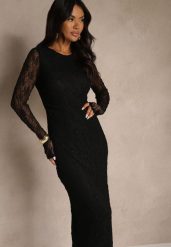 Czarna Koronkowa Sukienka Typu Longsleeve o Dopasowanym Kroju Zenoresa. Czarne sukienki Renee, na imprezę, l, bez wzorów, z koronki, eleganckie, bez kołnierzyka, bez ramiączek, maxi, dopasowane. Za 149.99 zł.