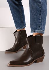 Brązowe Botki Kowbojki z Ozdobnymi Nitami Mevasia. Brązowe botki Born2be, bez wzorów, bez obcasa, na obcasie, bez zapięcia. Za 129.99 zł.