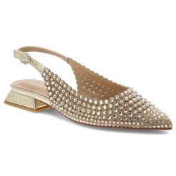 Czółenka damskie Alma En Pena, z odkrytą piętą ozdobione efektownymi kryształkami na stabilnym niskim obcasie z regulowanym paskiem wokół kostki, zło. Żółte czółenka Alma En Pena, bez wzorów, bez obcasa, bez zapięcia. Za 579.00 zł.