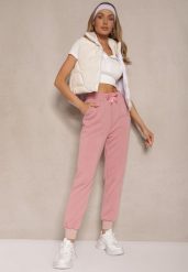 Różowe Spodnie Dresowe z Ozdobną Wstążką i Metaliczną Nicią Evelzia. Czerwone jeansy Renee, bez wzorów, z dresówki, eleganckie. W wyprzedaży za 55.99 zł.