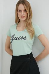 Guess t-shirt damski kolor zielony. Zielone t-shirty Guess, l, z aplikacjami, z bawełny, bez kołnierzyka, bez ramiączek. Za 289.99 zł.