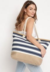 Beżowo-Granatowa Plażowa Torebka Shopper z Rączkami ze Sznurka Wykończona Plecionką Zapinana na Suwak Linneli. Brązowe shopper bag Born2be, bez wzorów, z materiału, eleganckie, bez dodatków. Za 49.99 zł.