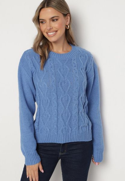 Niebieski Sweter z Wełną Ściągaczem i Tłoczeniem Riavonnae. Niebieskie swetry Born2be, bez wzorów, z jeansu, eleganckie, bez ramiączek. Za 79.99 zł.