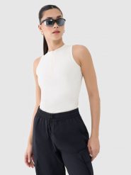 4F Crop-top slim damski - biały L. Białe topy 4f, l, bez wzorów, z dzianiny, sportowe, bez kołnierzyka, bez ramiączek. W wyprzedaży za 49.99 zł.