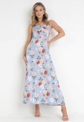 Niebieska Sukienka Maxi na Szerokich Ramiączkach z Ozdobnymi Guzikami w Kwiaty Delphyne. Niebieskie sukienki Born2be, na imprezę, l, bez wzorów, z tkaniny, bez kołnierzyka, bez ramiączek, maxi, rozkloszowane. Za 99.99 zł.