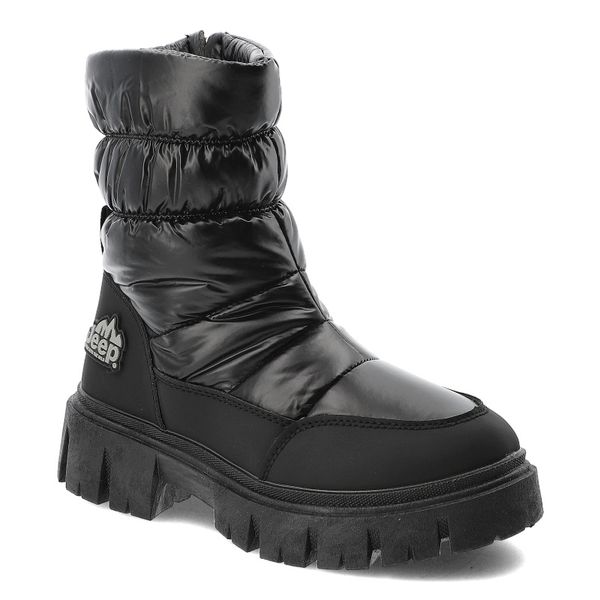 Czarne Śniegowce Jeep Ocieplane Obuwie Damskie. Czarne botki Jeep, bez wzorów, z materiału, eleganckie, bez obcasa, bez zapięcia. Za 249.00 zł.