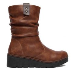 Kozaki Rieker. Brązowe kozaki Rieker, bez wzorów, bez obcasa, na koturnie, bez zapięcia. Za 379.99 zł.