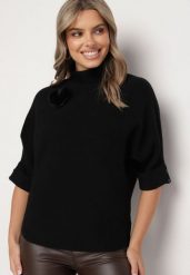 Czarny Golf z Wiskozą o Nietoperzowym Kroju z Dodatkową Futrzaną Broszką Jackiola. Czarne swetry Born2be, m, bez wzorów, z futra, eleganckie, bez ramiączek. W wyprzedaży za 101.99 zł.
