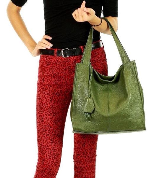 Shopperka skórzana MARCO MAZZINI zielona khaki s139r. Zielone shopper bag bez wzorów, ze skóry, bez dodatków. Za 449.00 zł.