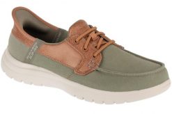 Buty do chodzenia damskie, Slip-Ins: On-The-Go Flex - Palmilla. Brązowe buty treningowe Skechers, bez wzorów, z materiału, przed kostkę, bez zapięcia, trekkingowe. Za 299.99 zł.