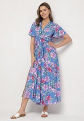 Niebieska Sukienka z Wiskozy w Kwiaty z Rozcięciami i Ozdobnym Węzłem Efrana. Niebieskie sukienki Born2be, na co dzień, l, bez wzorów, z wiskozy, eleganckie, bez kołnierzyka, bez ramiączek, maxi. W wyprzedaży za 135.99 zł.
