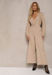 Beżowy Kopertowy Kombinezon z Bawełny z Dodatkowym Paskiem i Gumką w Talii Rinnarela. Brązowe kombinezony Renee, na co dzień, l, bez wzorów, z bawełny, eleganckie, bez kołnierzyka, bez ramiączek, kopertowe. W wyprzedaży za 111.99 zł.