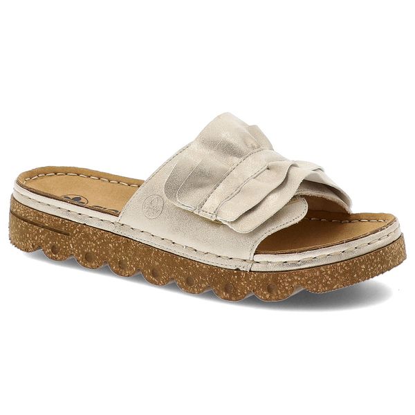 Beżowe Klapki Rieker Modne Obuwie Damskie. Brązowe klapki Rieker, bez wzorów, eleganckie, bez obcasa, bez zapięcia. Za 229.00 zł.