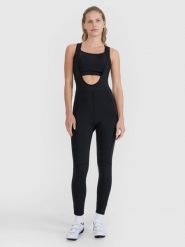 4F Legginsy rowerowe z żelowo-piankową wkładką i szelkami damskie - czarne M. Czarne legginsy 4f, bez wzorów, z dzianiny, sportowe, długie. W wyprzedaży za 229.99 zł.