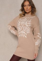 Ciemnobeżowy Sweter z Wiskozą o Długim Kroju z Ozdobnym Haftem Adelithra. Brązowe swetry Renee, bez wzorów, z jeansu, casualowe, bez ramiączek. W wyprzedaży za 127.99 zł.