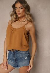 Brązowy Basicowy Top z Bawełną Thireldi. Brązowe topy Renee, l, bez wzorów, z bawełny, bez kołnierzyka, bez ramiączek. W wyprzedaży za 27.99 zł.