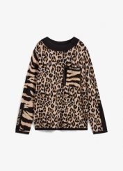Sweter z cienkiej dzianiny ze wzorem w panterkę. Brązowe swetry bonprix, bez wzorów, z dzianiny, bez ramiączek. Za 144.99 zł.