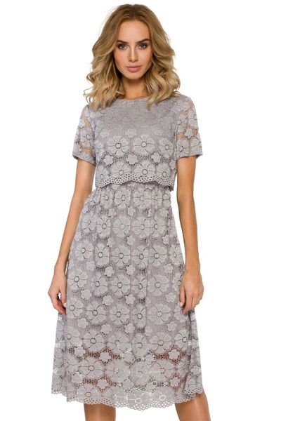 Sukienka na wesele koronkowa lekko rozkloszowana midi szara. Szare sukienki MOE, na imprezę, l, bez wzorów, z elastanu, eleganckie, bez kołnierzyka, bez ramiączek, midi, dopasowane. Za 389.00 zł.