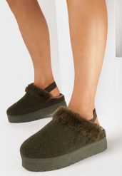 Zielone Śniegowce na Grubej Podeszwie z Futerkiem i Gumką Jawora. Zielone kapcie Born2be, bez wzorów, bez zapięcia. Za 49.99 zł.