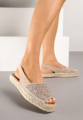 Ciemnobeżowe Sandały Typu Espadryle na Plecionej Podeszwie Zdobione Cyrkoniami Aneolena. Brązowe sandały Born2be, z aplikacjami, eleganckie, bez obcasa, na płaskiej podeszwie, bez zapięcia. Za 89.99 zł.