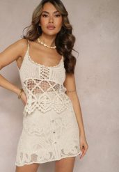 Beżowy Szydełkowy Top Bawełniany w Stylu Boho Ankeria. Brązowe topy Renee, l, z aplikacjami, z bawełny, boho, bez kołnierzyka, bez ramiączek. W wyprzedaży za 67.99 zł.