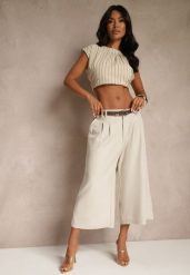 Jasnobeżowe Eleganckie Spodnie Typu Culottes Silunea. Brązowe jeansy Renee, l, bez wzorów, z jeansu, biznesowe. Za 89.99 zł.