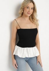 Czarny Prążkowany Top z Ozdobną Falbanką Alutte. Czarne topy Born2be, bez wzorów, z jeansu, eleganckie, bez kołnierzyka, bez ramiączek. Za 99.99 zł.