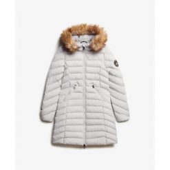 Damska kurtka puchowa Superdry. Szare kurtki Superdry, bez wzorów, z puchu, bez kaptura. W wyprzedaży za 586.85 zł.