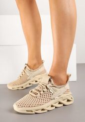 Ciemnobeżowe Siateczkowe Buty Sportowe Sneakersy na Grubej Tłoczonej Podeszwie Telarienna. Brązowe buty sportowe lifestyle Born2be, bez wzorów, z jeansu, bez zapięcia. Za 79.99 zł.