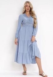 Niebieska Rozkloszowana Sukienka z Koronką Brightyn. Niebieskie sukienki Born2be, na imprezę, l, z aplikacjami, z koronki, bez kołnierzyka, bez ramiączek, maxi, rozkloszowane. W wyprzedaży za 84.99 zł.