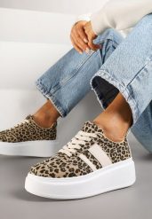 Panterkowe Sneakersy Klasyczne Tenisówki na Grubej Podeszwie z Koturnem Adessia. Trampki Renee, bez wzorów, z jeansu, eleganckie, bez zapięcia. W wyprzedaży za 75.99 zł.