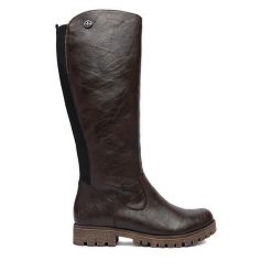 Kozaki Rieker. Brązowe kozaki Rieker, bez wzorów, bez obcasa, na płaskiej podeszwie, bez zapięcia. Za 459.99 zł.