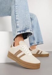 Beżowe Sneakersy Typu Kultowe Tenisówki na Grubej Podeszwie Nalorela. Brązowe trampki Born2be, bez wzorów, z jeansu, sportowe, bez zapięcia. Za 99.99 zł.