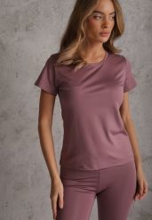 Fioletowy Klasyczny T-shirt o Gładkim Wykończeniu Rhethine. Fioletowe t-shirty Renee, l, bez wzorów, z jeansu, klasyczne, bez kołnierzyka, bez ramiączek. Za 39.99 zł.