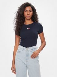 Tommy Jeans T-Shirt Badge DW0DW17881 Granatowy Slim Fit. Niebieskie t-shirty Tommy Jeans, xxs, bez wzorów, z bawełny, bez kołnierzyka, bez ramiączek. Za 129.99 zł.