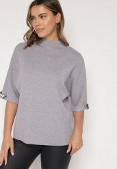 Szary Sweter Ozdobiony na Rękawach Cyrkoniami Aletusa. Szare swetry Born2be, z aplikacjami, z jeansu, eleganckie, bez ramiączek. Za 99.99 zł.