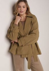 Zielona Bawełniano-Wiskozowa Kurtka Typu Krótki Trencz z Ozdobnym Guzikiem Dafena. Zielone kurtki Born2be, l, bez wzorów, z bawełny, biznesowe, bez kaptura. Za 179.99 zł.