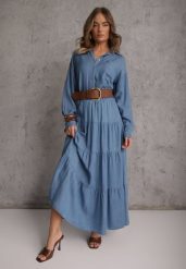 Niebieska Spódnica Rozkloszowana z Lyocellu High Waist Ozdobiona Falbanami Ravienne. Niebieskie spódnice Renee, bez wzorów, z lyocellu, maxi, dopasowane. Za 89.99 zł.