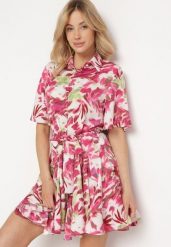 Różowa Sukienka z Krótkim Rękawem Zapinana na Guziki z Materiałowym Paskiem i Falbanką Timaooni. Czerwone sukienki Born2be, na co dzień, l, bez wzorów, z materiału, wizytowe, bez kołnierzyka, bez ramiączek, mini, koszulowe. Za 149.99 zł.